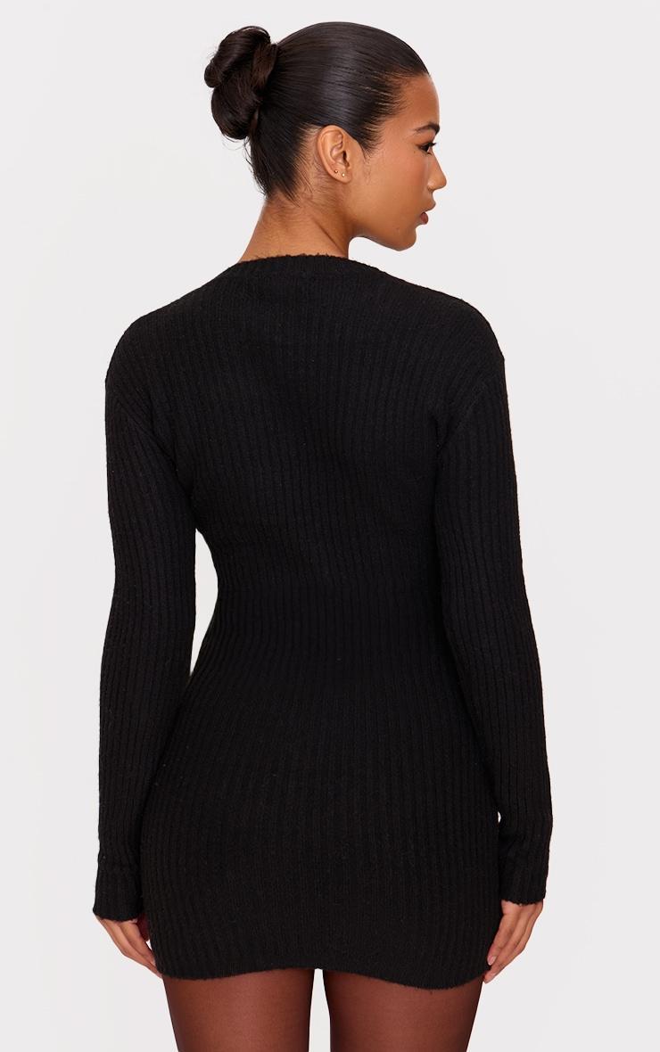 Black Soft Textured Rib Knit Mini Dress Product Image