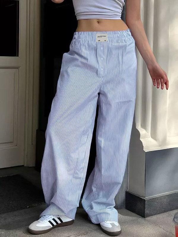 High Waisted Loose Elasticity Split-Joint Striped Pants Trousers Product Image