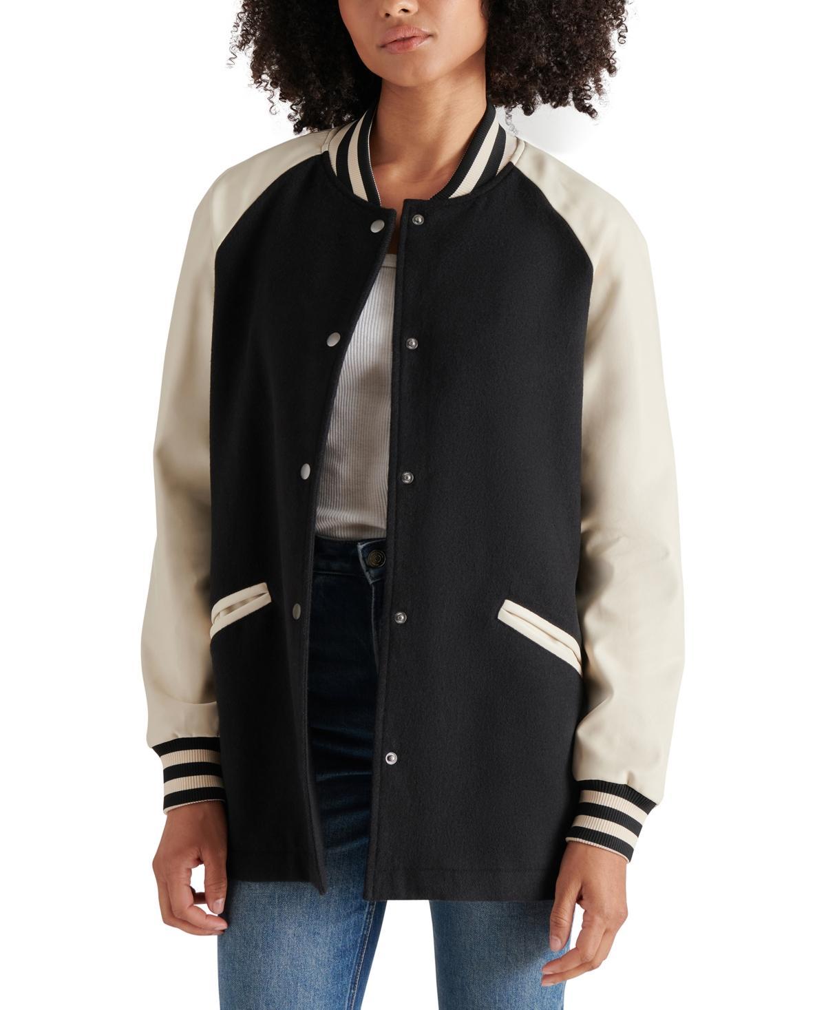 Steve Madden Womens Skylie Faux-Leather Varsity Jacket Product Image