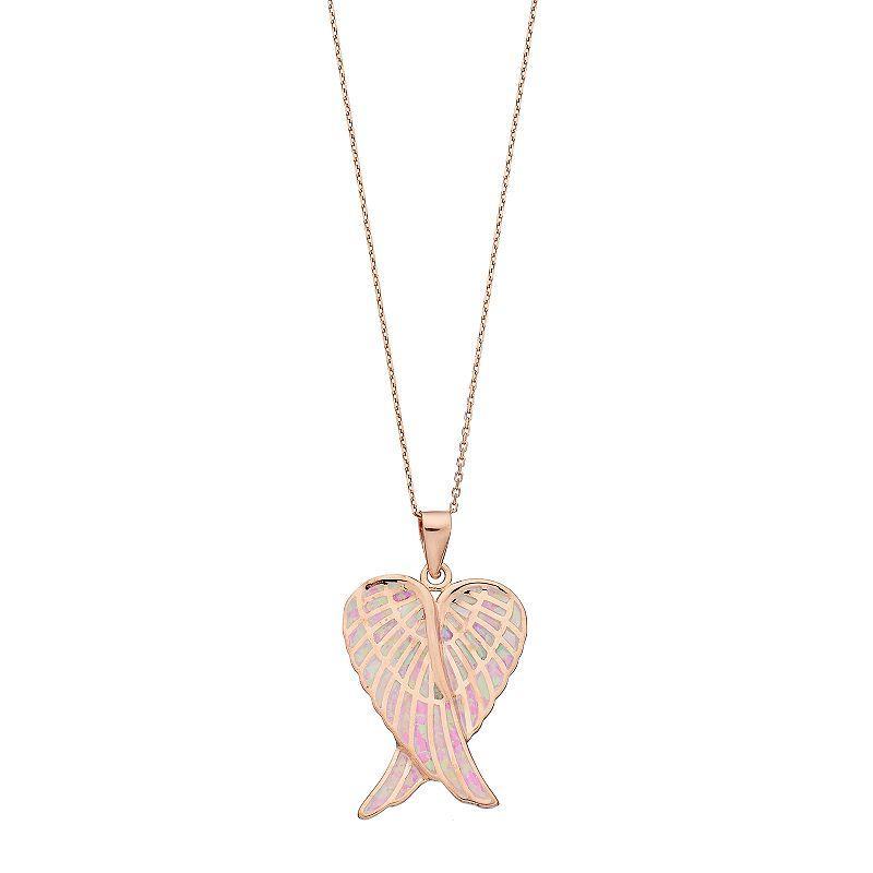 14k Rose Gold Over Silver Lab-Created Pink Opal Angel Wings Pendant, Womens Product Image