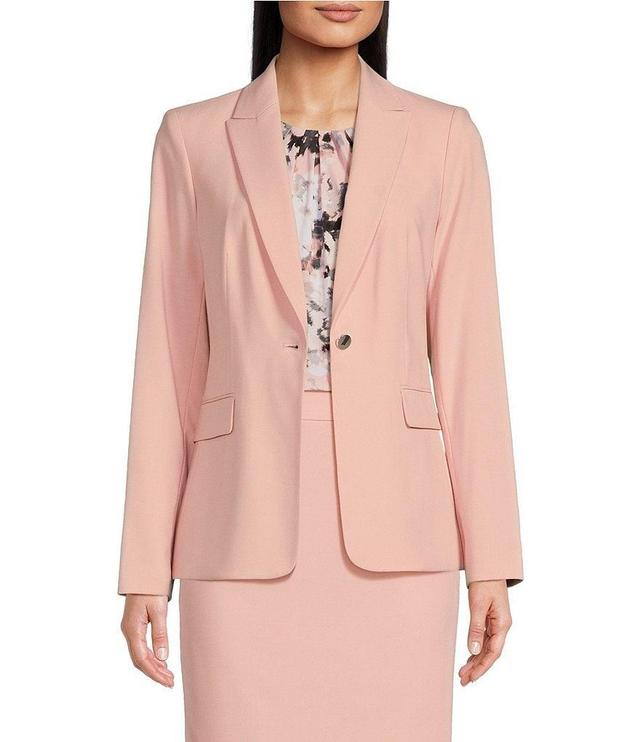 Calvin Klein Petite Size Stretch Woven Lux Peak Lapel Collar Long Sleeve Flap Pocket One-Button Jacket Product Image