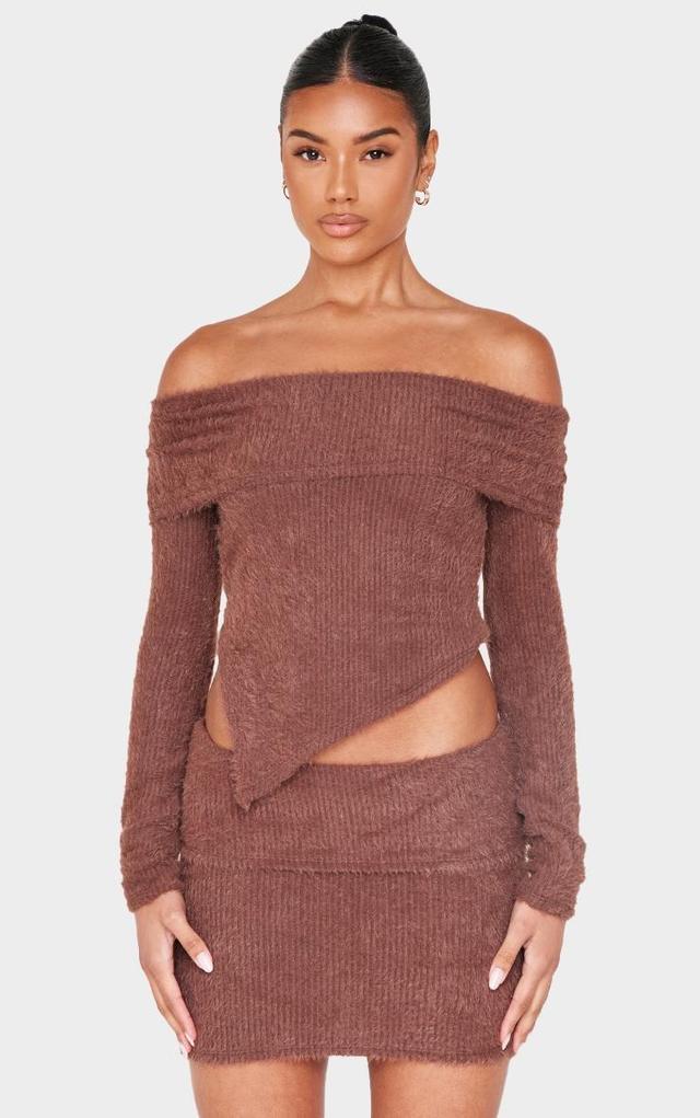 Chocolate Fluffy Asymmetric Fold Over Bardot Top Product Image