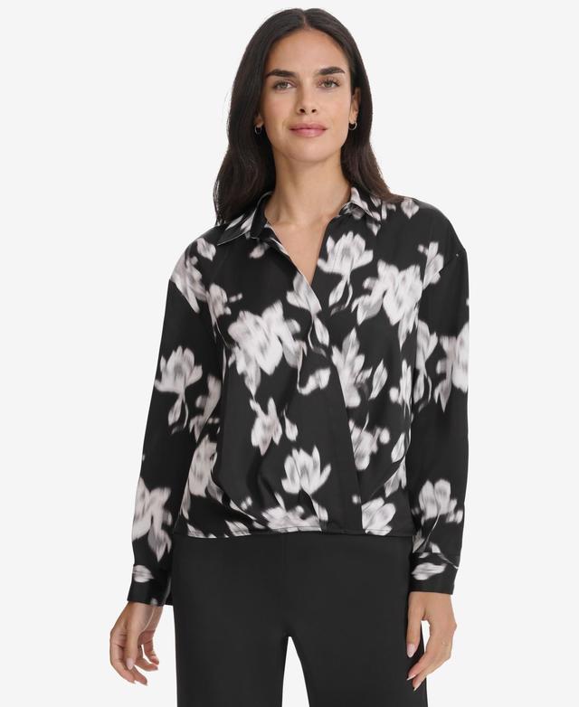 Calvin Klein Womens Printed Faux-Wrap Collared Top Product Image