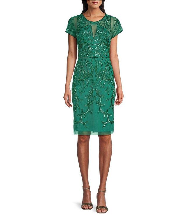 Adrianna Papell Beaded Round Neckline Short Sleeve Sheath Dress Product Image