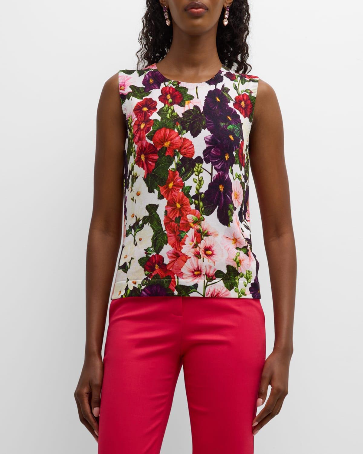 Oscar de la Renta Hollyhock Print Cotton Blend Sleeveless Sweater Product Image