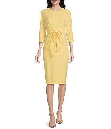 Adrianna Papell Stretch Crepe Crew Neck Tie Waist 34 Sleeve Midi Sheath Dress Product Image