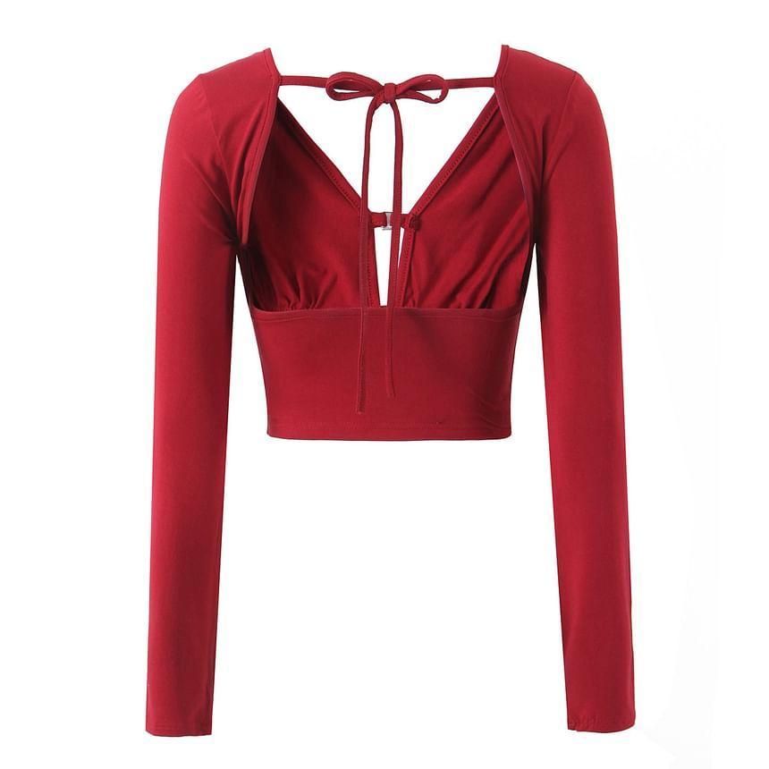 Long Sleeve V-Neck Plain Tie Back Crop Top Product Image