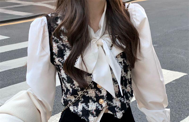 Tie Neck Blouse / Houndstooth Vest / A-Line Skirt Product Image