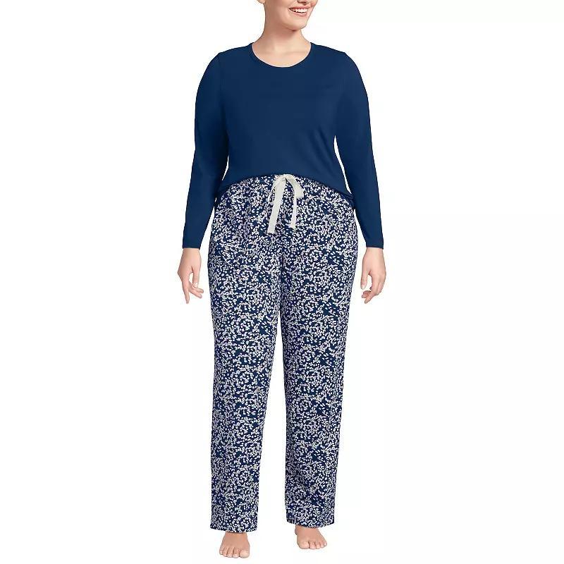 Plus Size Lands End Knit Pajama Top & Pajama Pants Sleep Set, Womens Blue Tiny Flowers Product Image