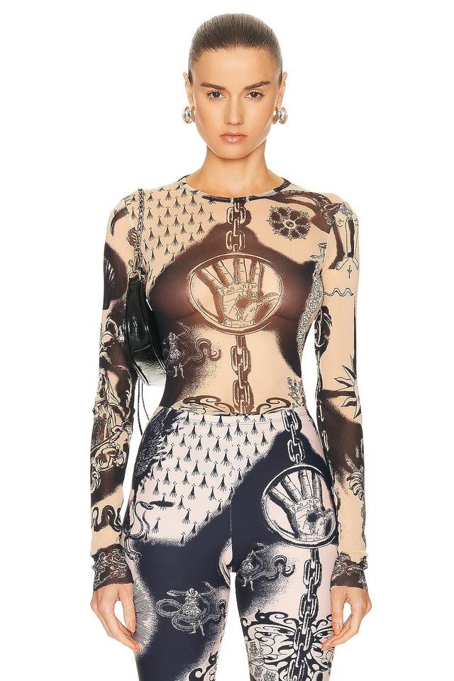 Jean Paul Gaultier Printed Heraldique Long Sleeve Crew Neck Top in Nude Product Image