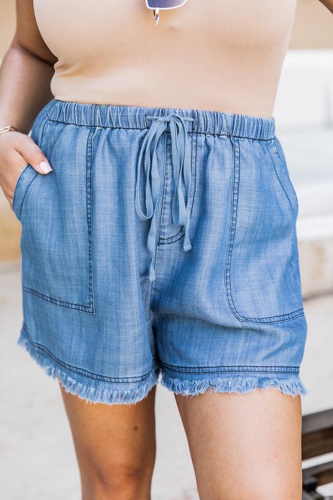 Send A Note Medium Wash Chambray Frayed Edge Shorts FINAL SALE Product Image