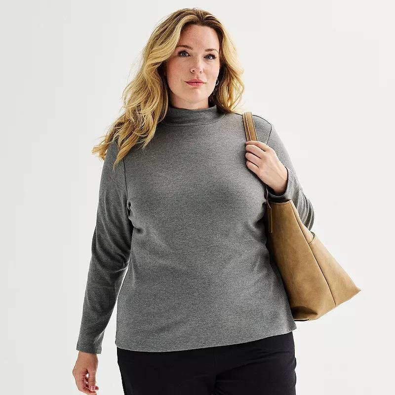 Plus Size Croft & Barrow Essential Long-Sleeve Mockneck Top, Womens Gray Grey product image