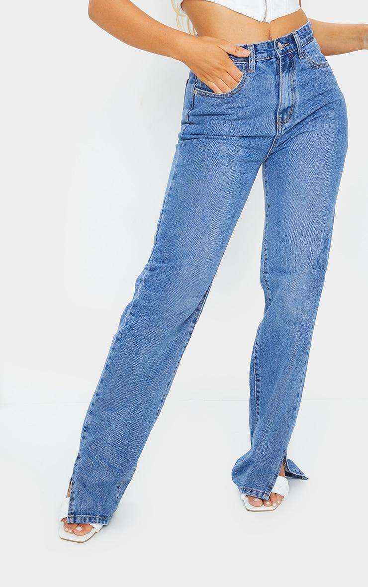 Mid Blue Wash Split Hem Jeans With Bum Distress Product Image