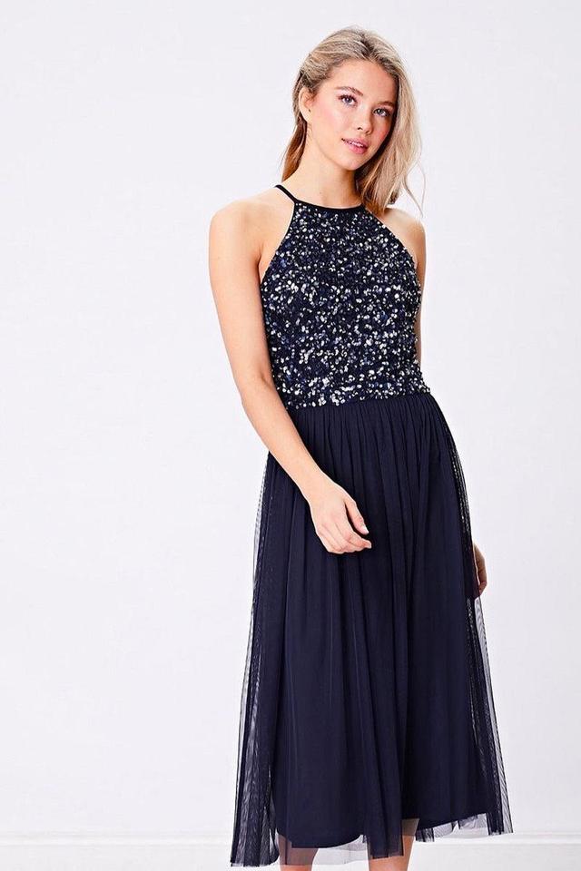 Embellished Halter Neck Sequin Midi Dress - Navy Product Image