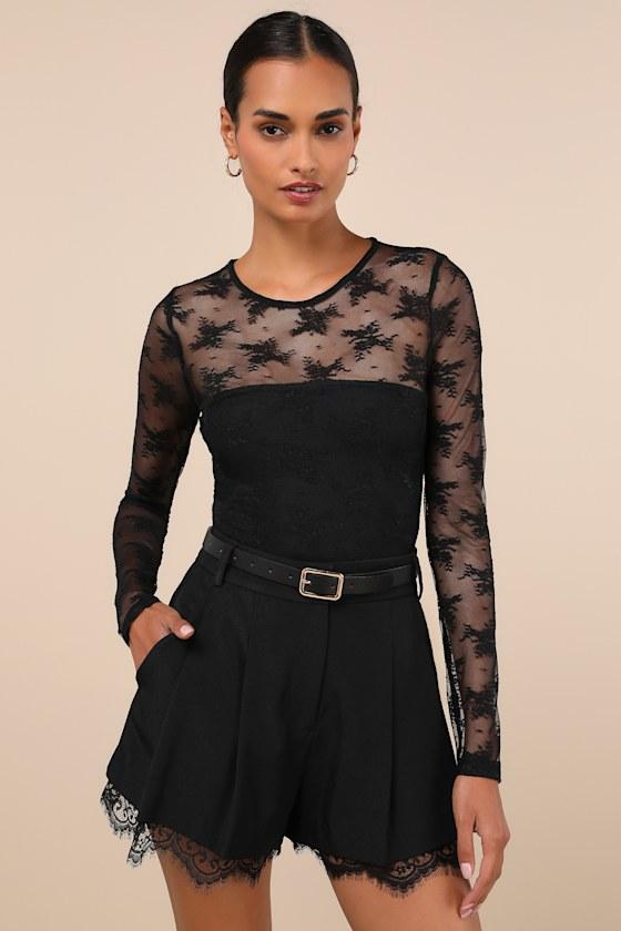 Sheer-ly Sweet Black Sheer Lace Crew Neck Long Sleeve Bodysuit Product Image