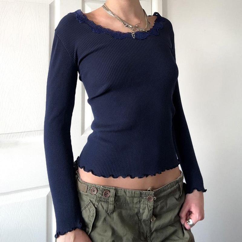 Long Sleeve Lace-Trim Plain Ribbed-Knit Slim-Fit Crop Top Product Image