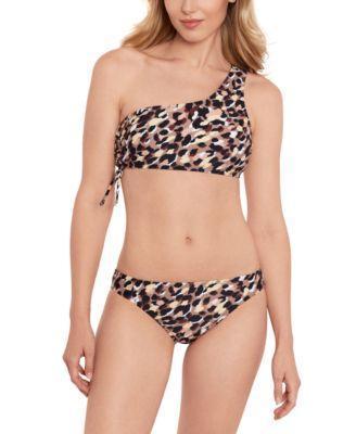 Salt Cove Womens Animal Print One Shoulder Bikini Top Hipster Bottoms Created For Macys Product Image