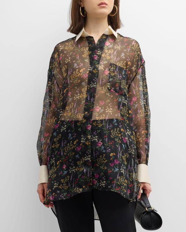 Marocco Floral-Print Chiffon Collared Tunic Shirt Product Image