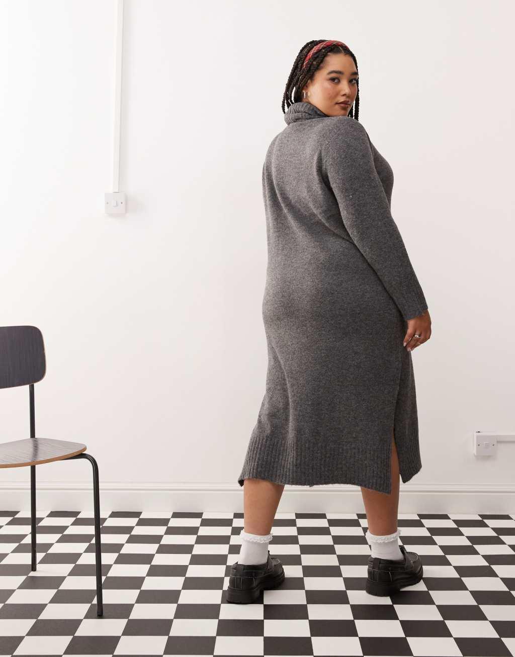 Noisy May Curve high neck knit midi sweater dress in gray Product Image