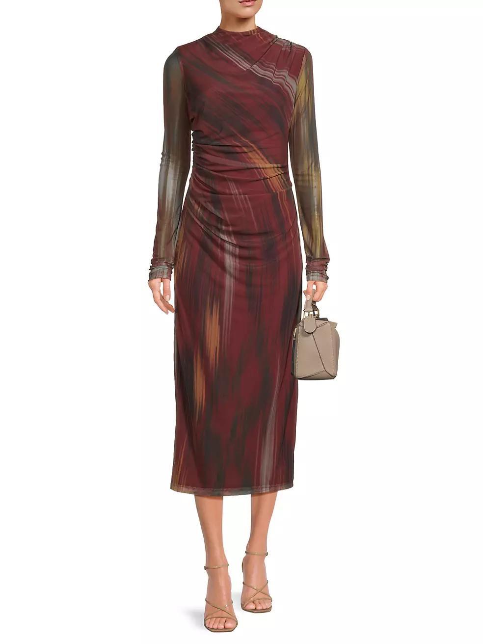 Ruched Ikat-Inspired-Print Mesh Midi-Dress Product Image