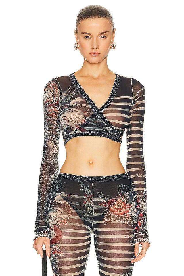 Jean Paul Gaultier Printed Mariniere Tattoo Cache V Neck Long Sleeve Top in Navy Product Image