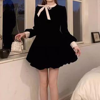 Long-Sleeve Stand Collar Contrast Trim Bow Mini A-Line Dress Product Image