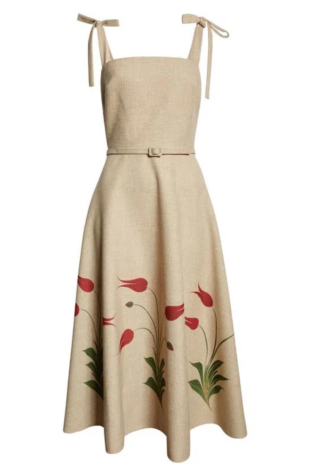 OSCAR DE LA RENTA Tulip-printed Canvas Midi Dress In Linen/red Product Image