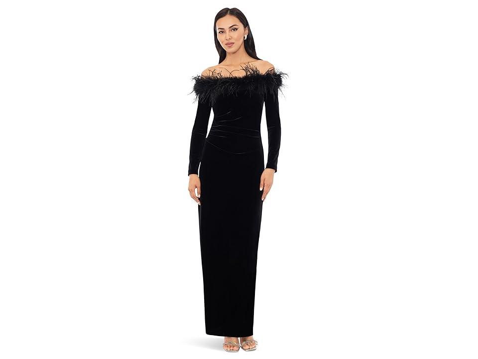 Xscape Feather Trim Off the Shoulder Long Sleeve Scuba Maxi Dress Product Image