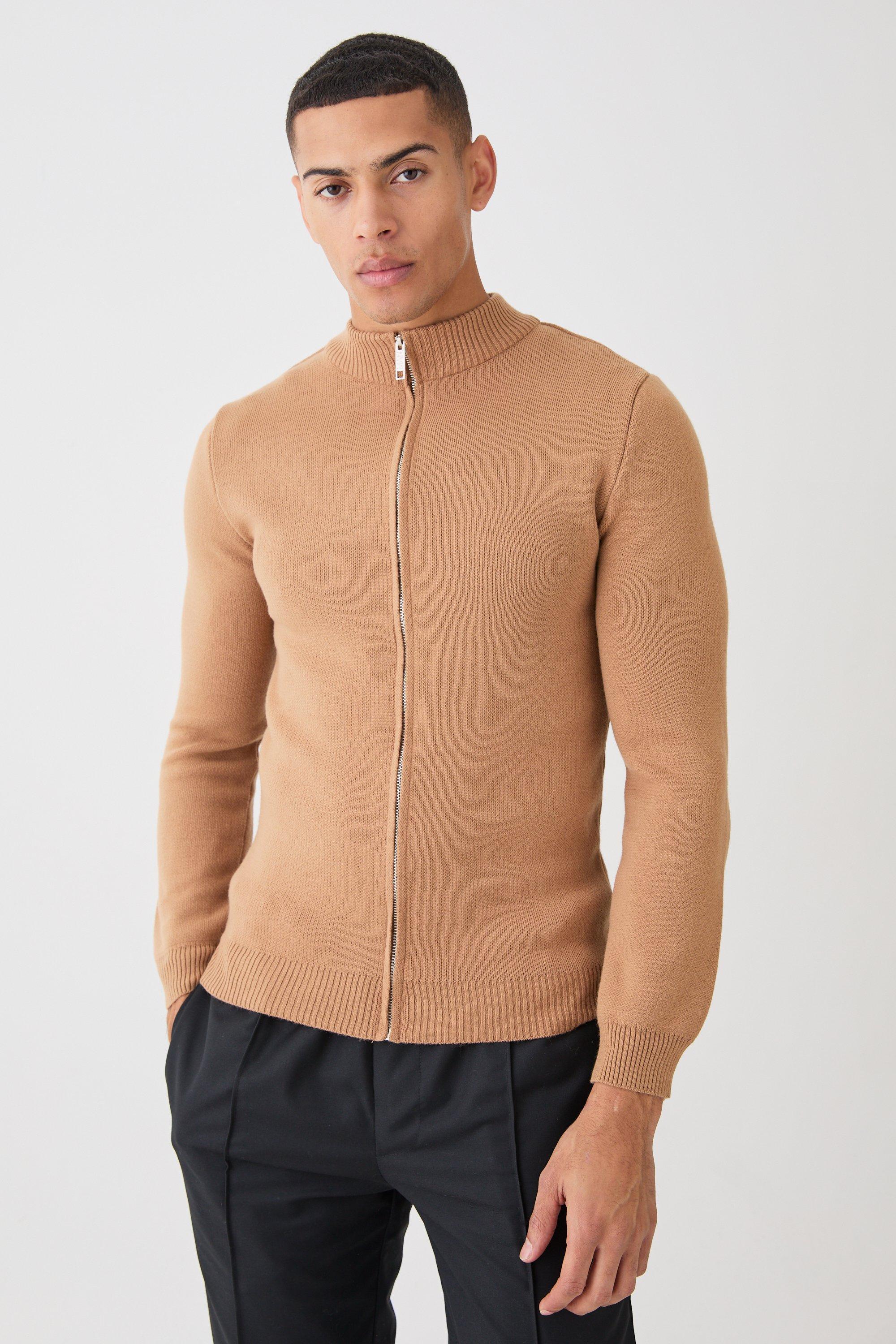 Muscle Fit Zip Through Knitted Jacket | boohooMAN USA Product Image