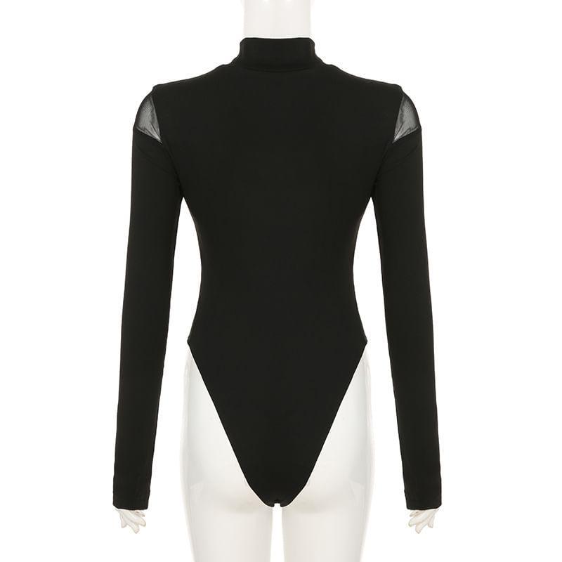 Long-Sleeve High Neck Paneled Mesh Panel Bodysuit Top Product Image