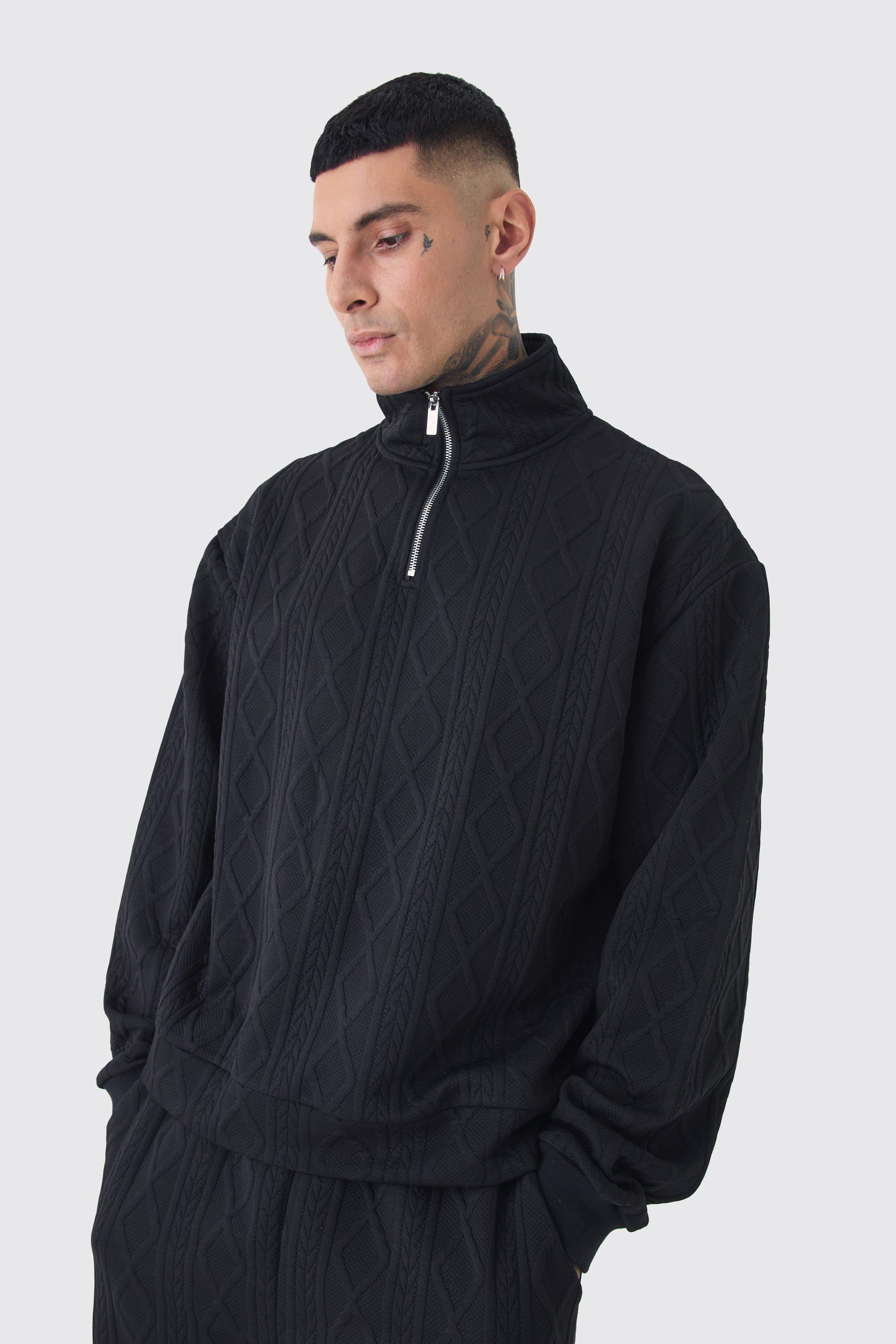 Tall Cable Knit Look Oversized Boxy 1/4 Zip Funnel Neck Sweat | boohooMAN USA Product Image