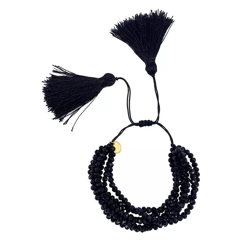 Adornia 14k Gold Plated Multi Strand Black Bead Adjustable Bracelet with Tassel, Womens Product Image