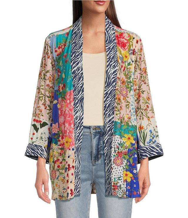 John Mark Patch Print Floral Embriodered Open Front 3/4 Sleeve Kimono Product Image