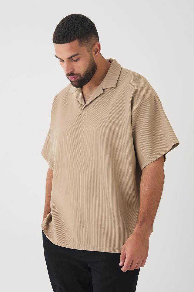 Plus Drop Revere Pleated Polo In Taupe | boohooMAN USA Product Image