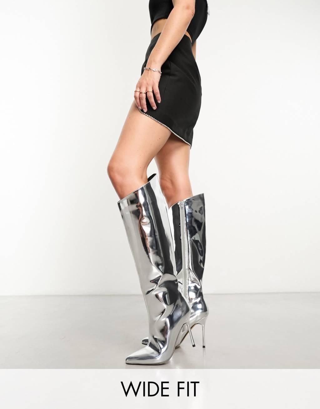 Public Desire Wide Fit Falcon mirrored knee boots in silver Product Image