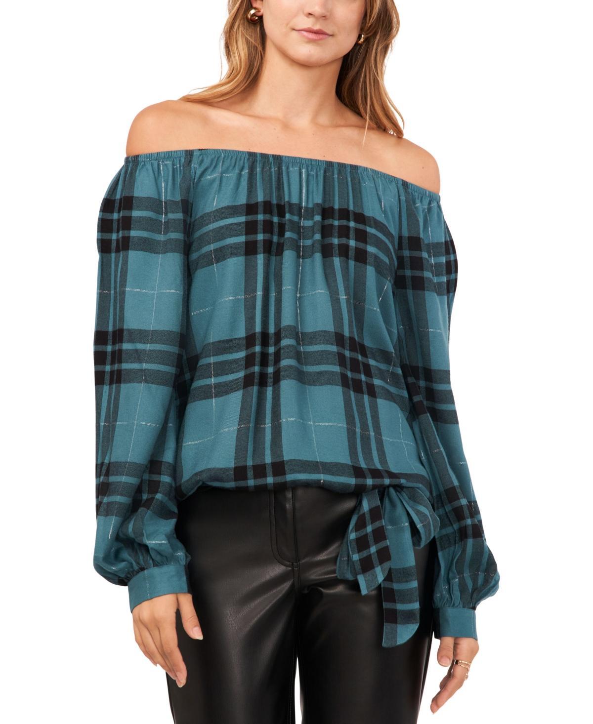 Vince Camuto Womens Off-The-Shoulder Plaid Tie-Front Bouse Product Image