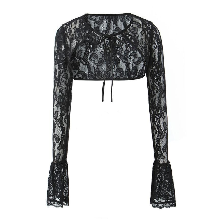 Long-Sleeve Crewneck Lace Crop Top Product Image