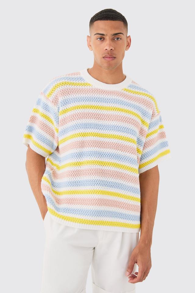 Mens Oversized Stripe Knitted T-shirt In White, White Product Image