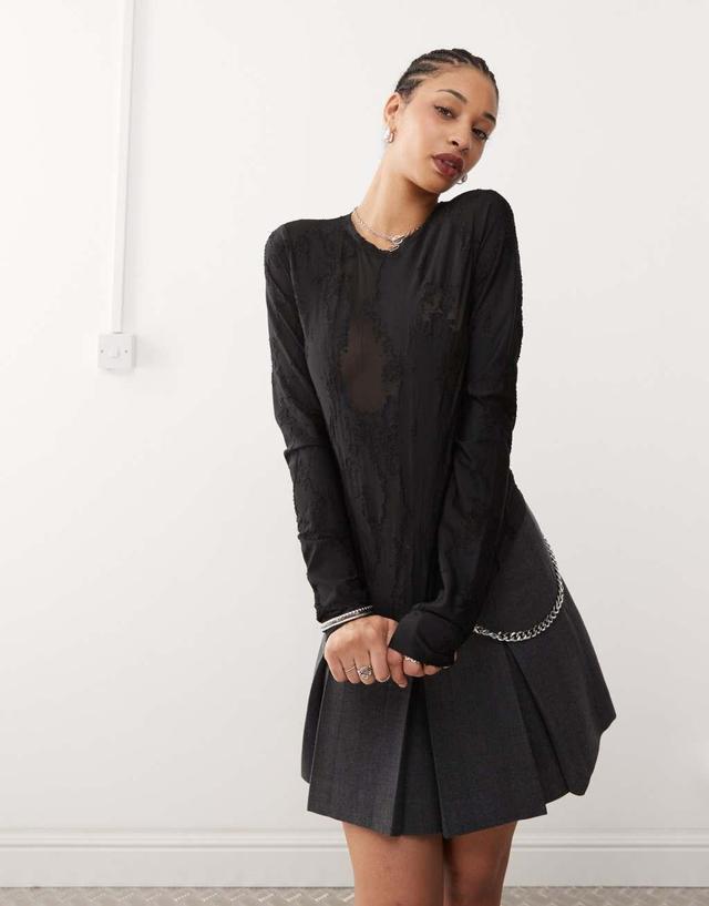 Weekday Nico burnout long sleeve mesh top in black Product Image