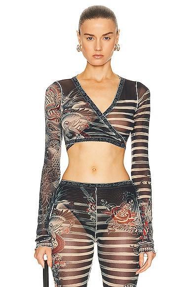 Jean Paul Gaultier Printed Mariniere Tattoo Cache V Neck Long Sleeve Top in Navy Product Image