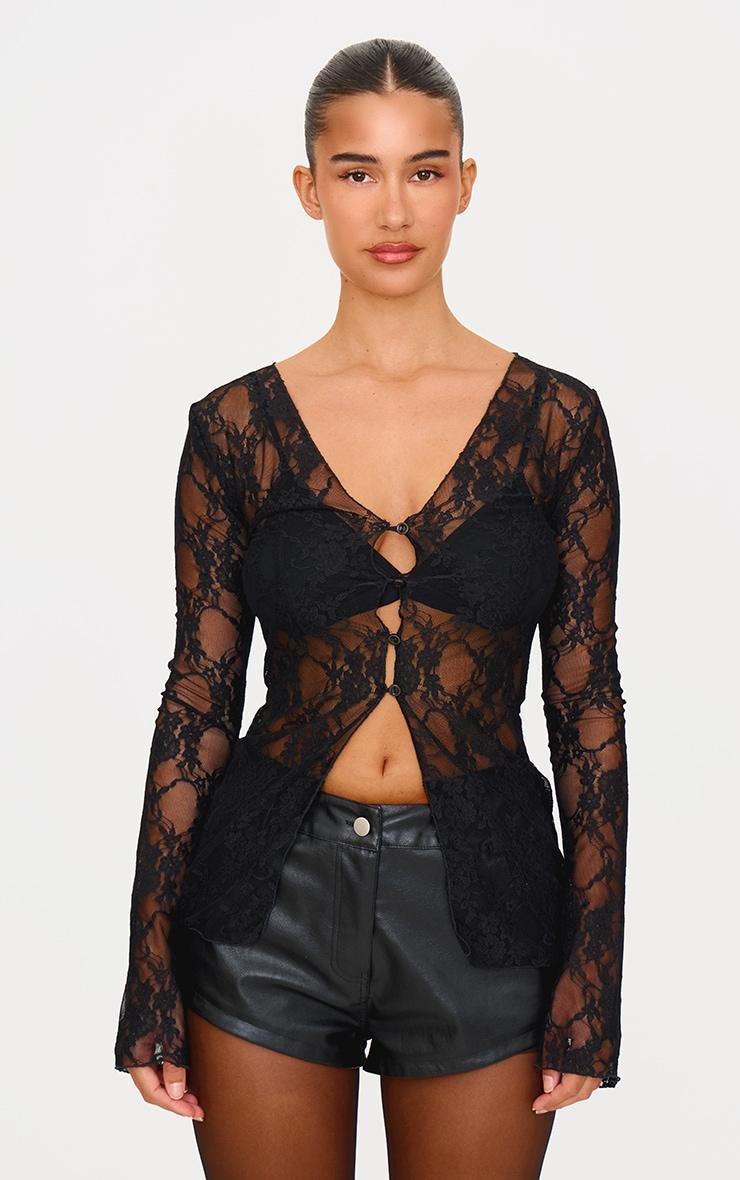 Black Lace Button Flare Sleeve Shirt Product Image