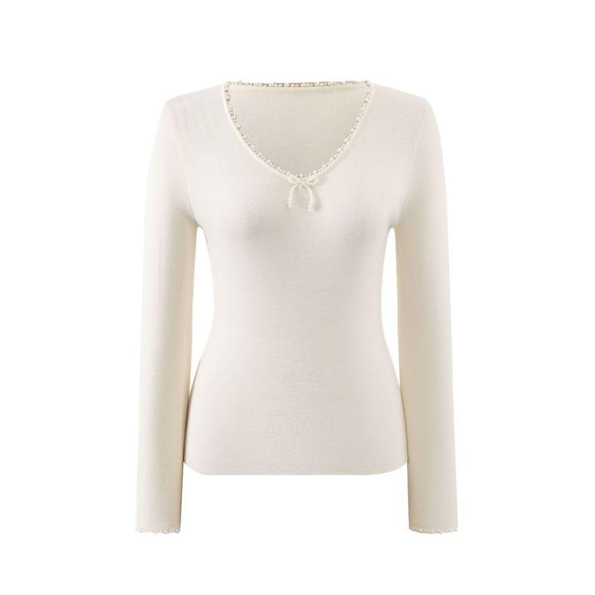 Long Sleeve Faux Pearl Bow Accent Slim-Fit Top Product Image