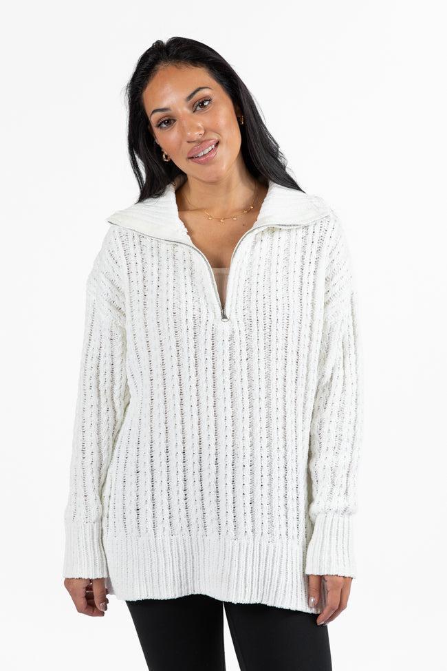 Forever Yours White Cable Knit Chenille Quarter Zip Sweater Product Image