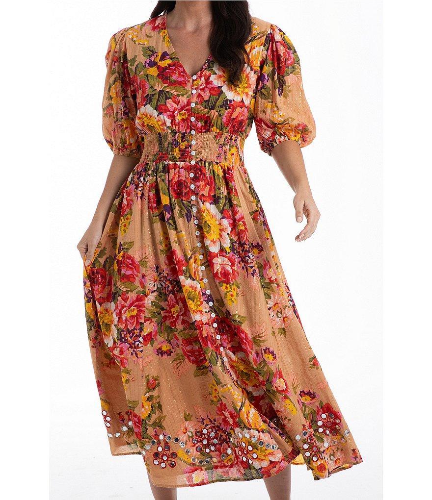 Talisman Halo V-Neck Short Puffed Sleeve Valencia Floral Metallic Print Midi Dress Product Image