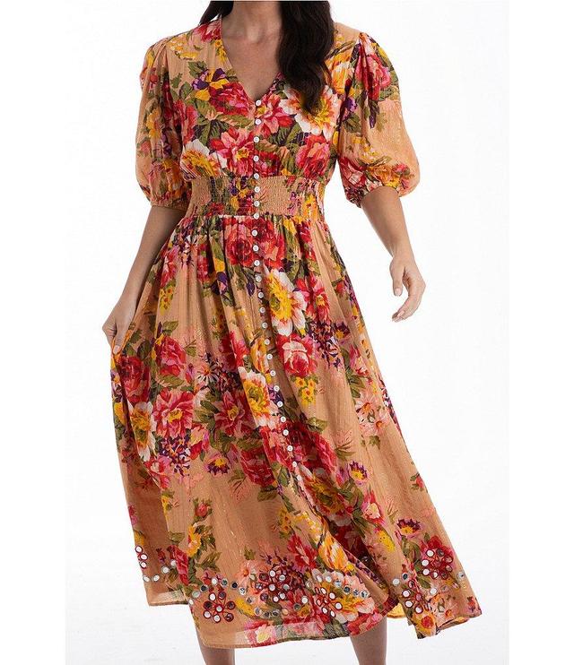 Talisman Halo V-Neck Short Puffed Sleeve Valencia Floral Metallic Print Midi Dress Product Image