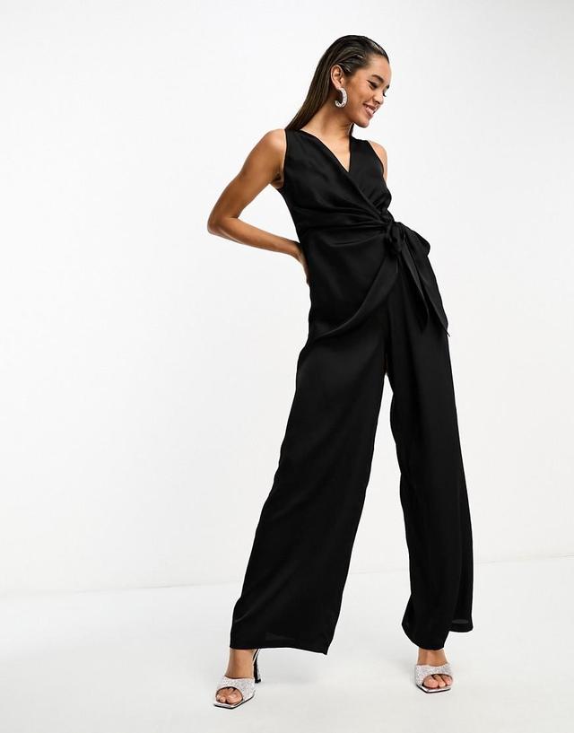 TFNC satin wrap jumpsuit in black  Product Image