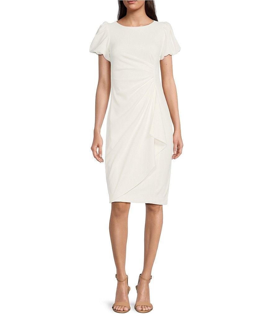 DKNY Petite Size Short Bubble Sleeve Crew Neck Ruched Waist Scuba Crepe Dress Product Image