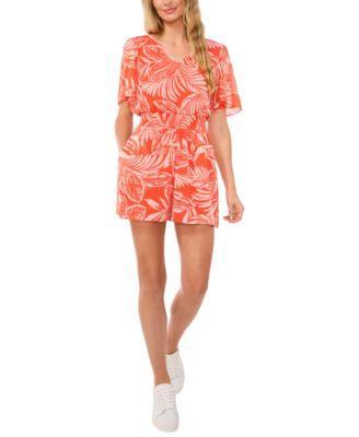 CeCe Womens Tropical-Print Flutter-Sleeve Smocked-Waist Romper Product Image