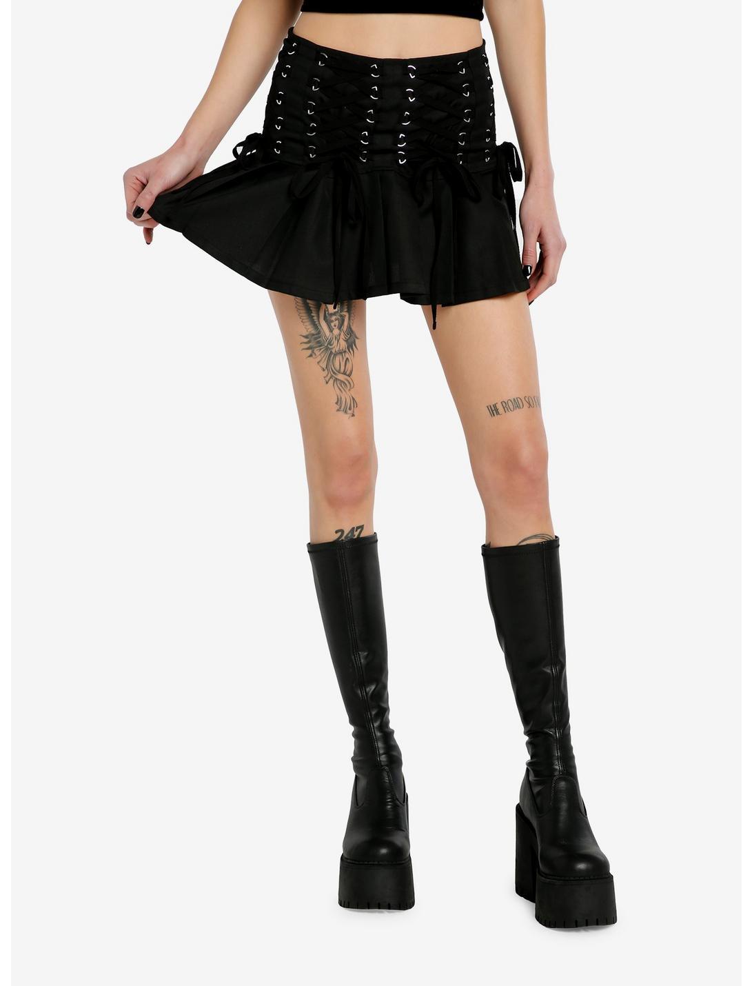 Black Lace-Up Waistband Pleated Mini Skirt Product Image