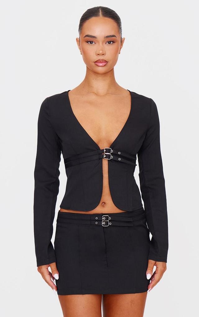 Black Tailored Woven Buckle Detail Long Sleeve Top Product Image